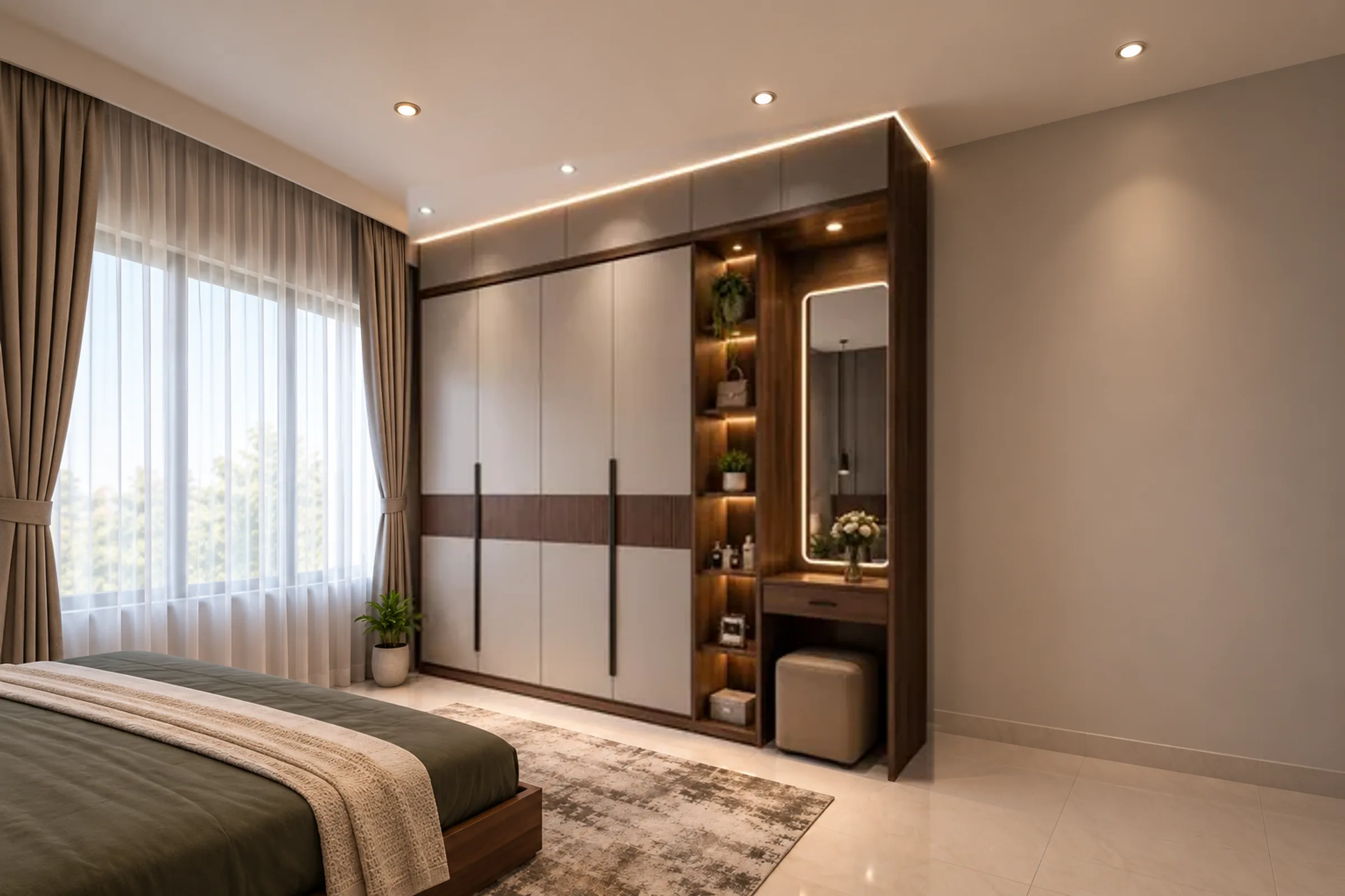 Kamar tidur dengan lemari custom dan meja rias berlampu